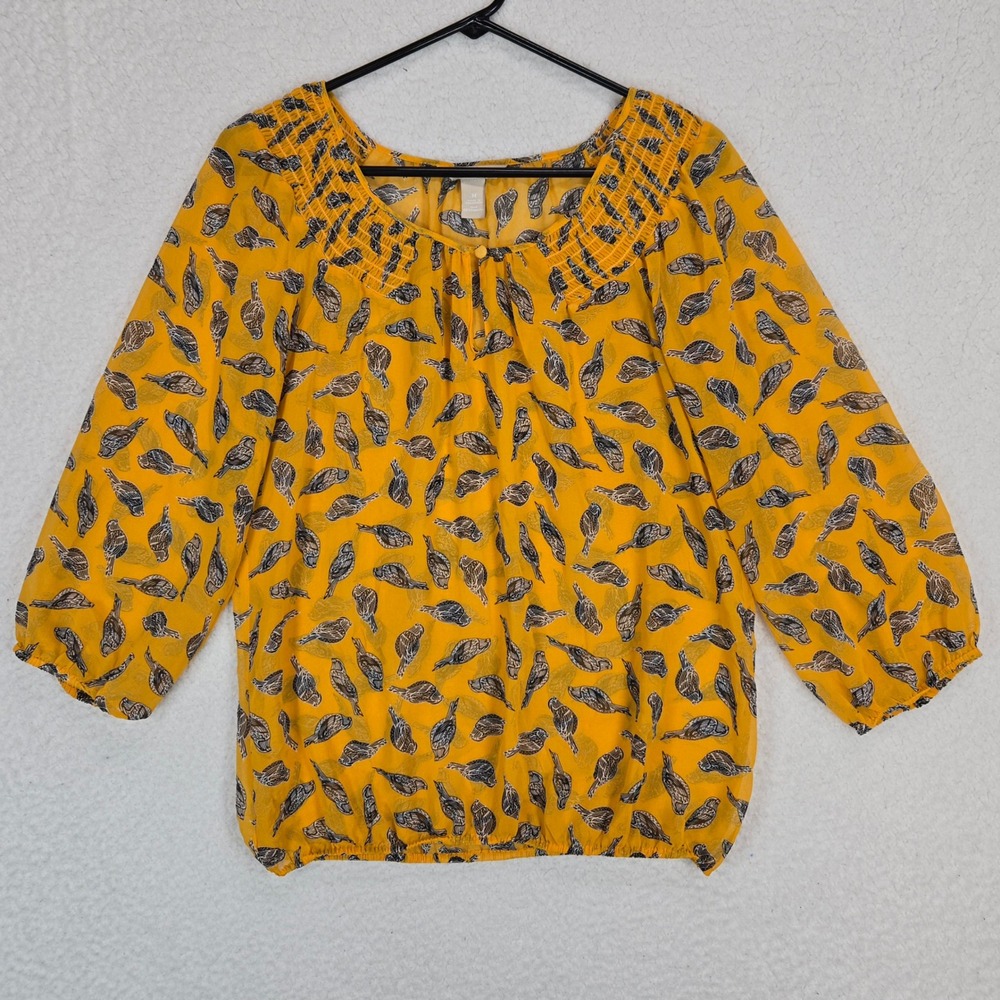 Banana Republic Bird Print Blouse Womens Medium Yellow Smocked Neck 3/4 Sleeve